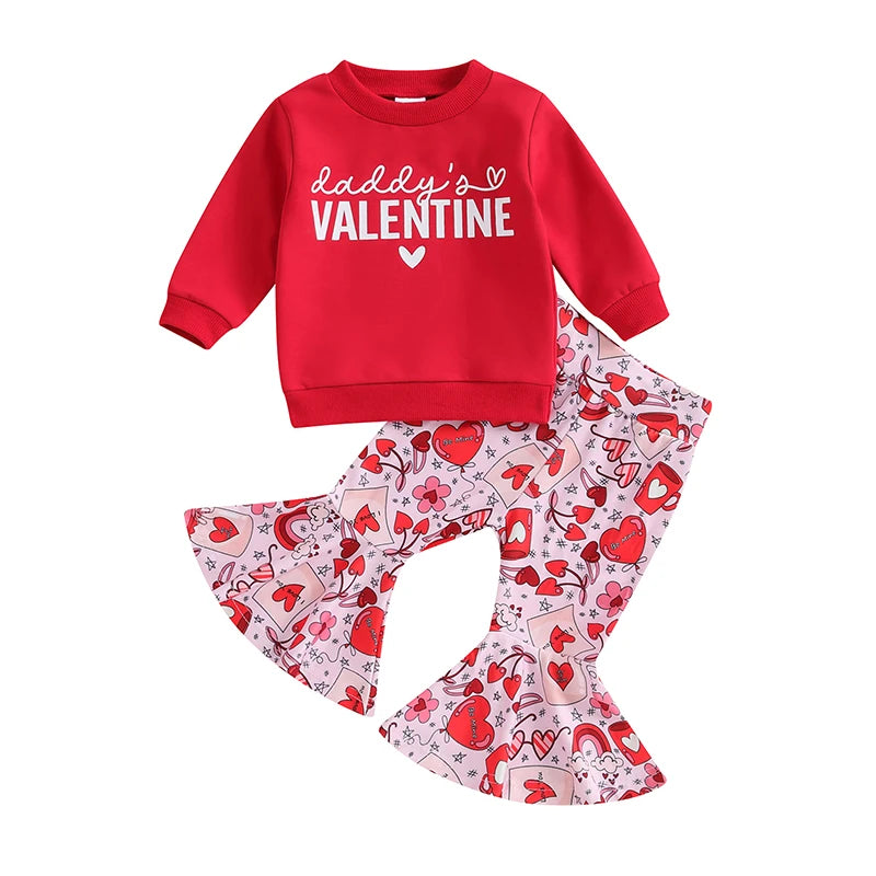 Toddler Baby Girl 2Pcs Valentine's Day Outfit Daddy's Valentine Letter Heart Print Crewneck Top Flare Pant Clothes Set