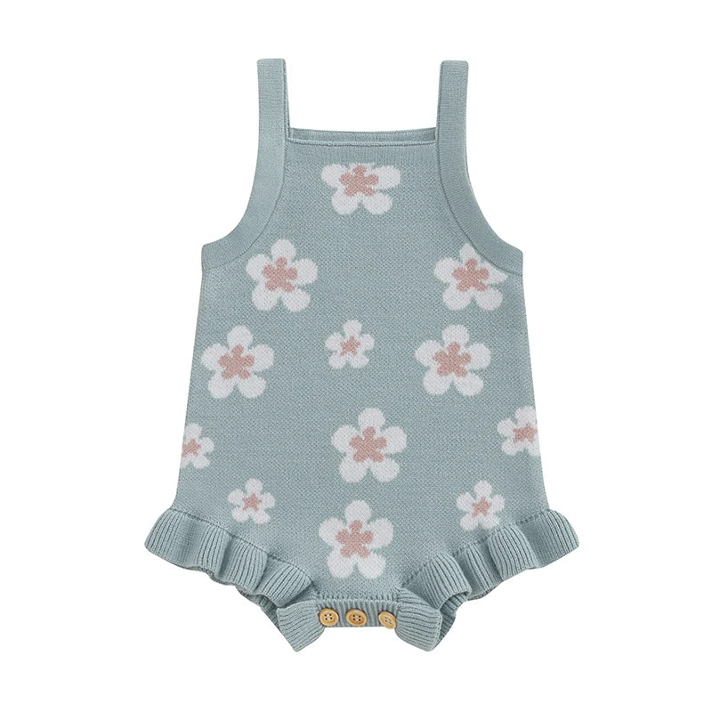 Baby Girls Summer Sleeveless Tank Strap Bubble Romper Knitted Floral Flower Print Bodysuit