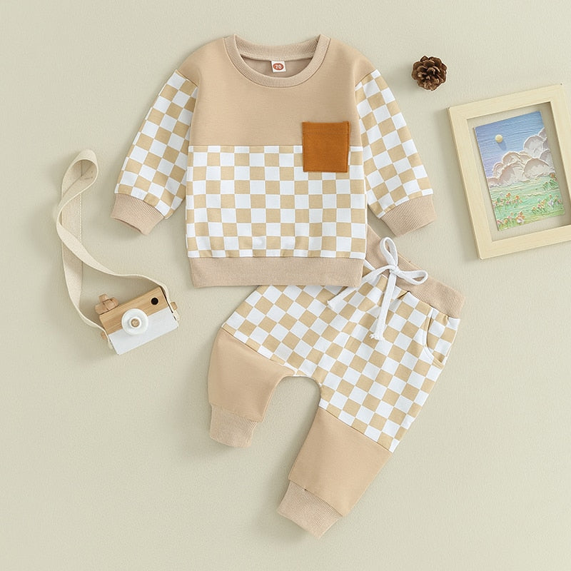 Baby Toddler Boy Girl 2Pcs Clothes Outfits Checker Long Sleeve Pocket Top and Elastic Pants Set Fall Clothes