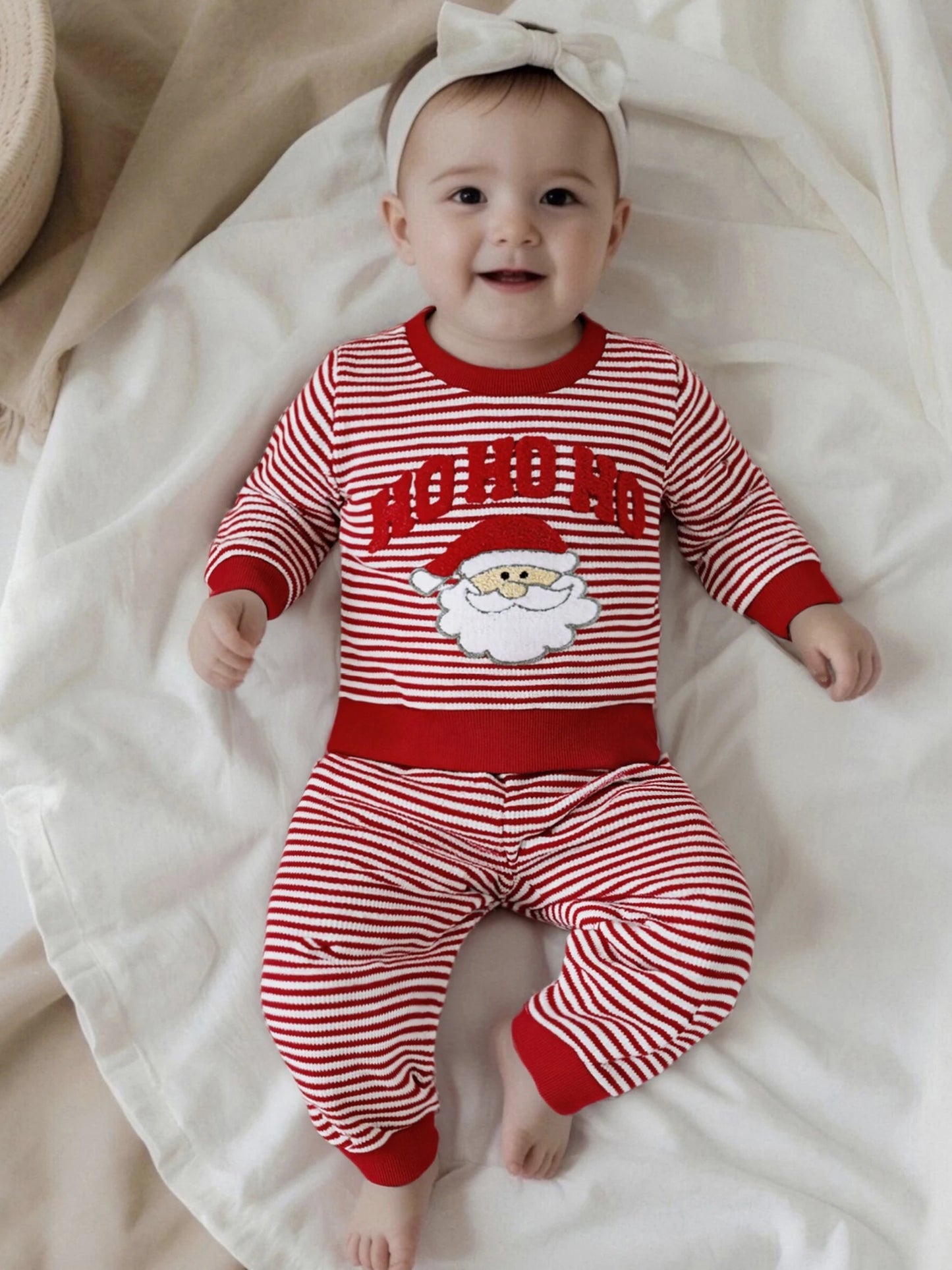 Baby Toddler Boys Girls 2Pcs Ho Ho Ho Christmas Striped Jogger Set Fashionable Long Sleeve Santa Claus Embroidery Pullover Top with Pants 2 Pcs Outfit