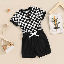 Load image into Gallery viewer, Baby Boys 2Pcs Summer Outfits Checkerboard Print Buttons Collar Short Sleeve Romper and Shorts Set
