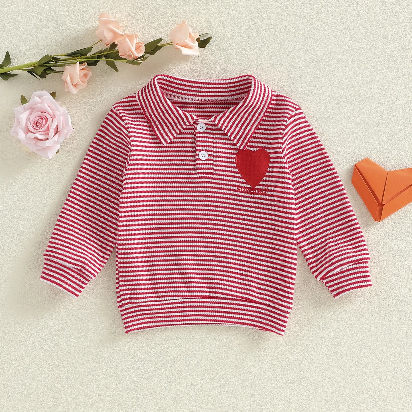 Baby Toddler Valentine's Day Long Sleeve Turn-down Collar Striped Embroidery Heart Top