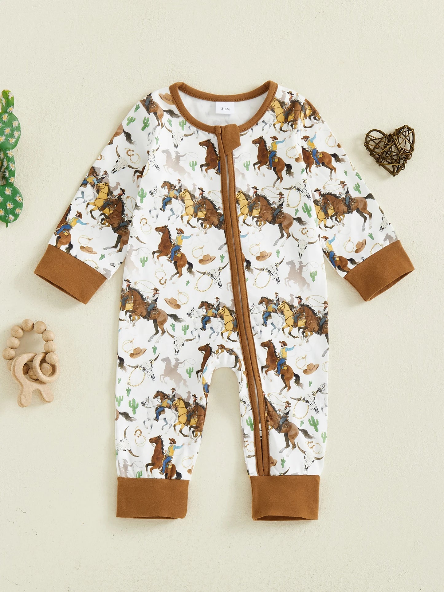 Baby Boy Western Zipper Romper Cactus Horse Print Long Sleeve Zip-up Jumpsuit Casual Infant Clothes