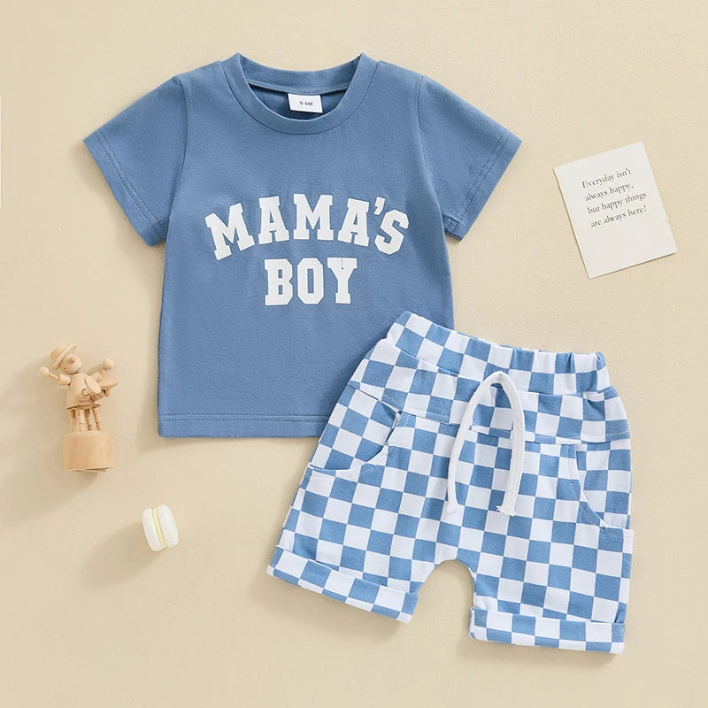 Toddler Baby Boys 2Pcs Mama's Boy Spring Summer Clothes Outfits Letters Print Top with Plaid Checker Shorts Clothing Set