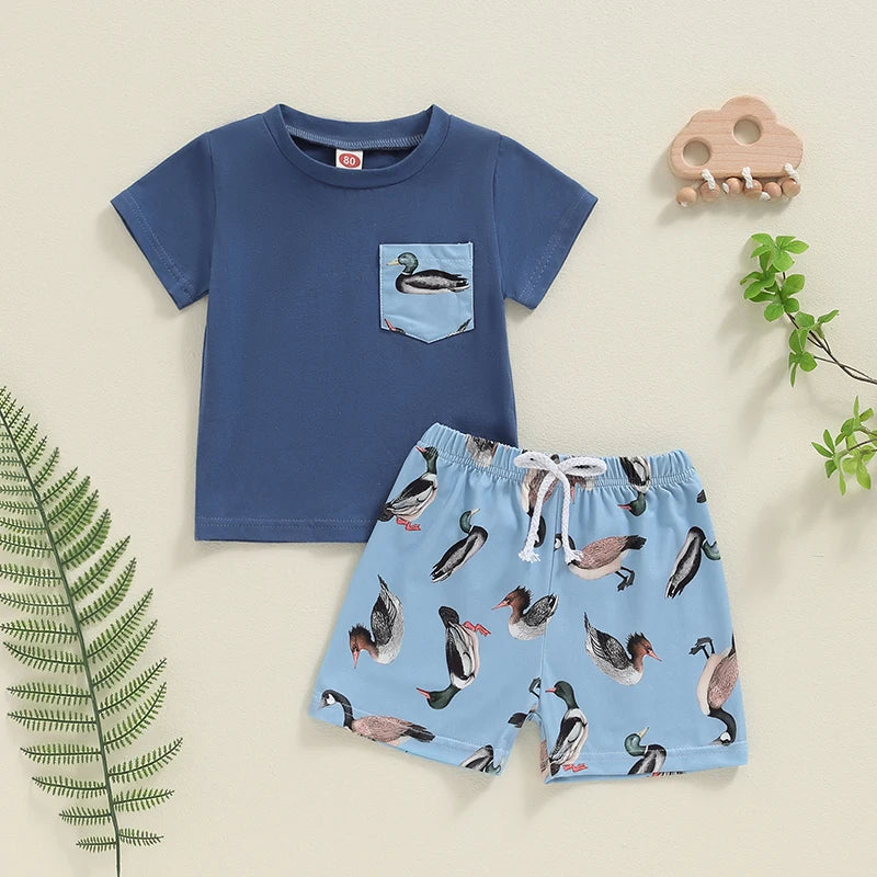 Baby Toddler Boys 2Pcs Summer Outfit Duck Print Short Sleeve Top Pocket Elastic Waist Shorts Set