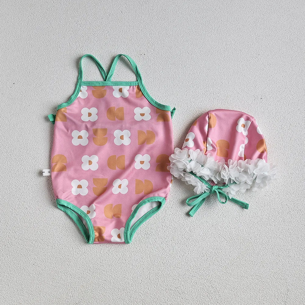 Baby Girls Floral Bandage Swimsuit With Hat Set