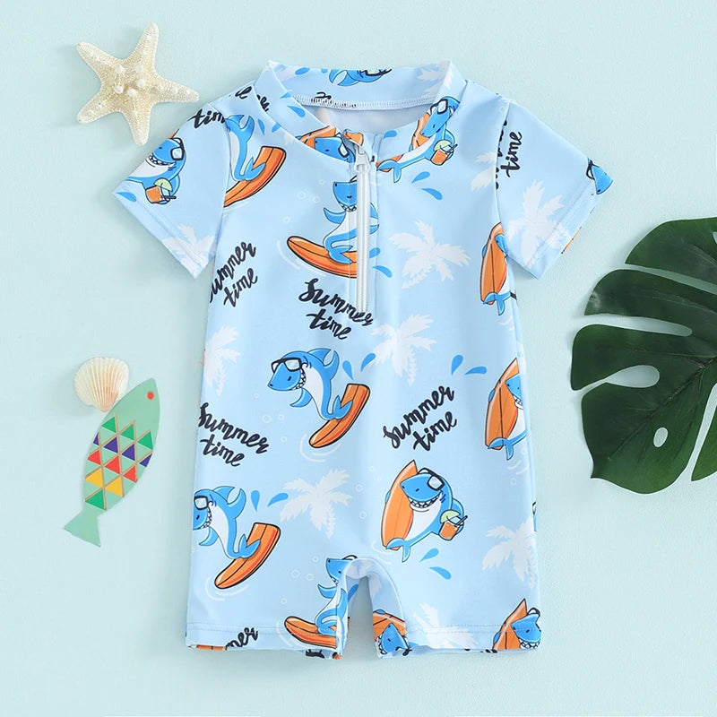 Baby Toddler Boys Swimwear Short Sleeve Cartoon Print Shark Whale Front Zipper Bathing Suit Swimsuit Romper