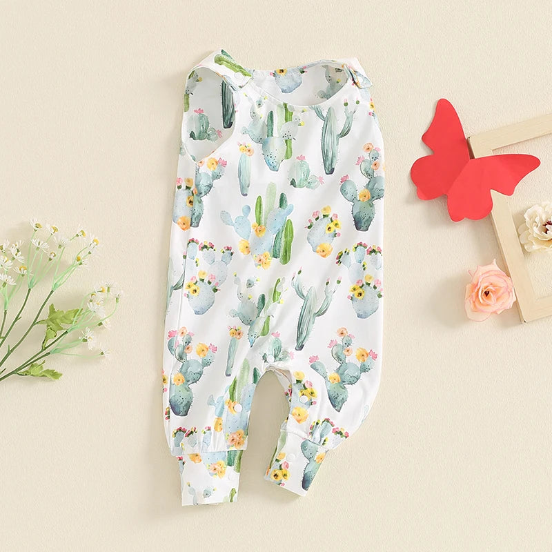 Baby Girl Summer Romper Cute Butterfly/Cactus Print Sleeveless Round Neck Jumpsuit Overalls