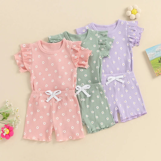 Baby Toddler Girls 2Pcs Summer Shorts Set Short Sleeve Crewneck Ruffle Sleeve Flowers Floral Print Top Shorts Outfit