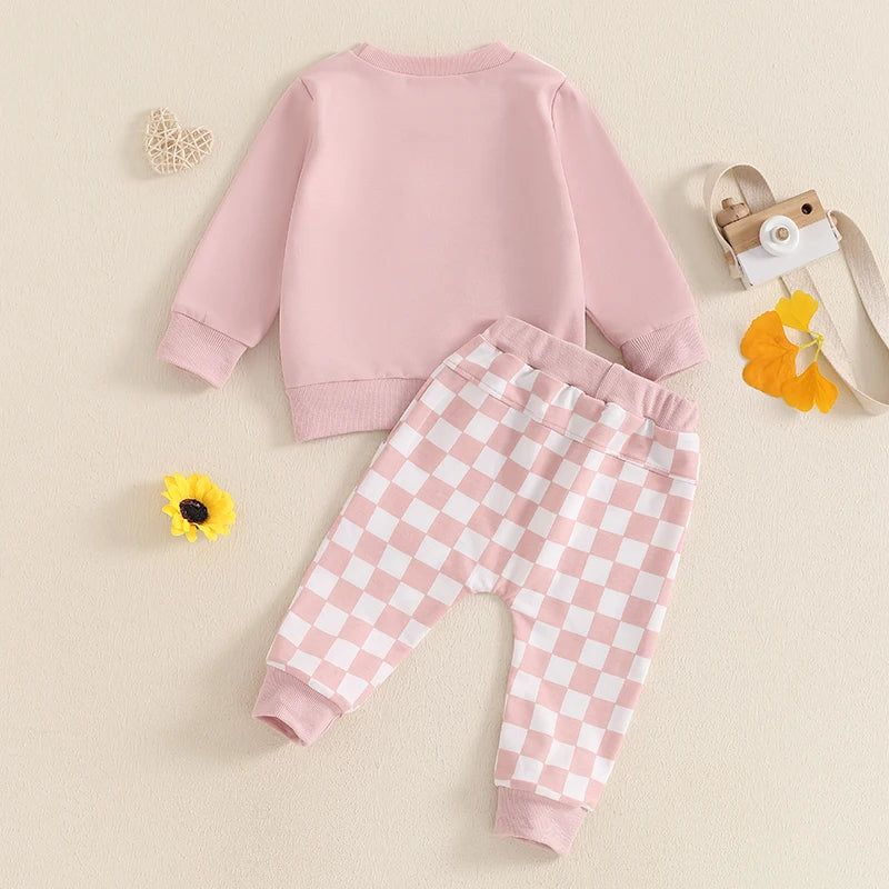 Baby Toddler Boys Girls 2Pcs Outfit Checker Print Long Sleeve Top and Elastic Pants Fall Set