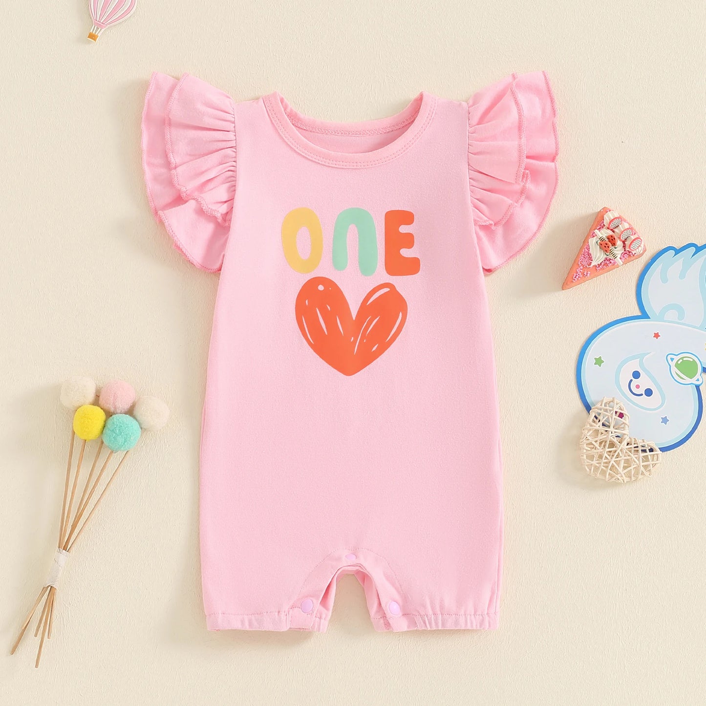 Baby Girls ONE Jumpsuit Fly Sleeve Crew Neck Letters Heart Print Birthday Romper