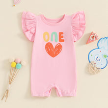 Load image into Gallery viewer, Baby Girls ONE Jumpsuit Fly Sleeve Crew Neck Letters Heart Print Birthday Romper
