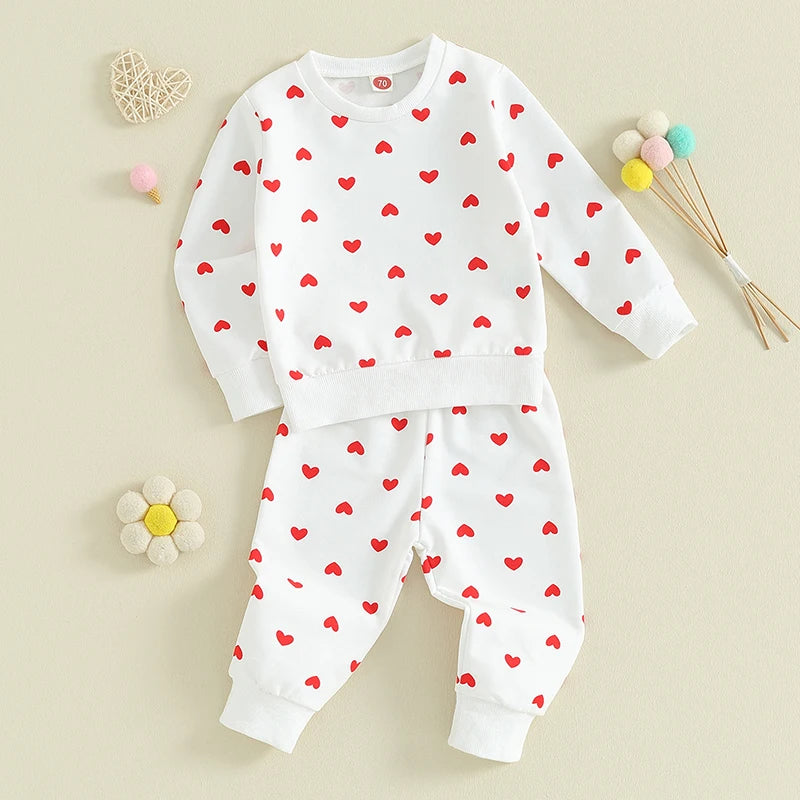 Baby Toddler Girls 2Pcs Clothes Valentine's Day Outfits Long Sleeve Crewneck Heart Print Pants Set