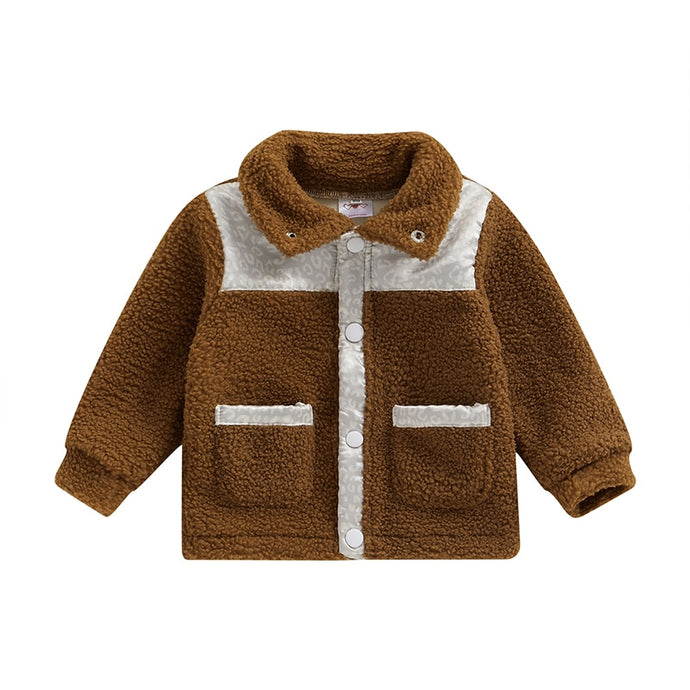 Baby Toddler Kids Girls Boys Autumn Casual Coat Long Sleeve Lapel Button Down Contrast Color Fuzzy Outerwear Jacket