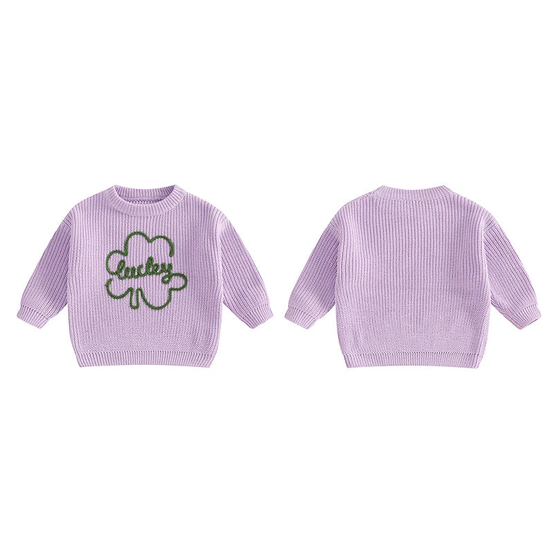 Baby Toddler Kids Boys Girls Lucky Knit Sweater Long Sleeve Round Neck Shamrock Letter Embroidery Pullover Spring St. Patrick's Day Top