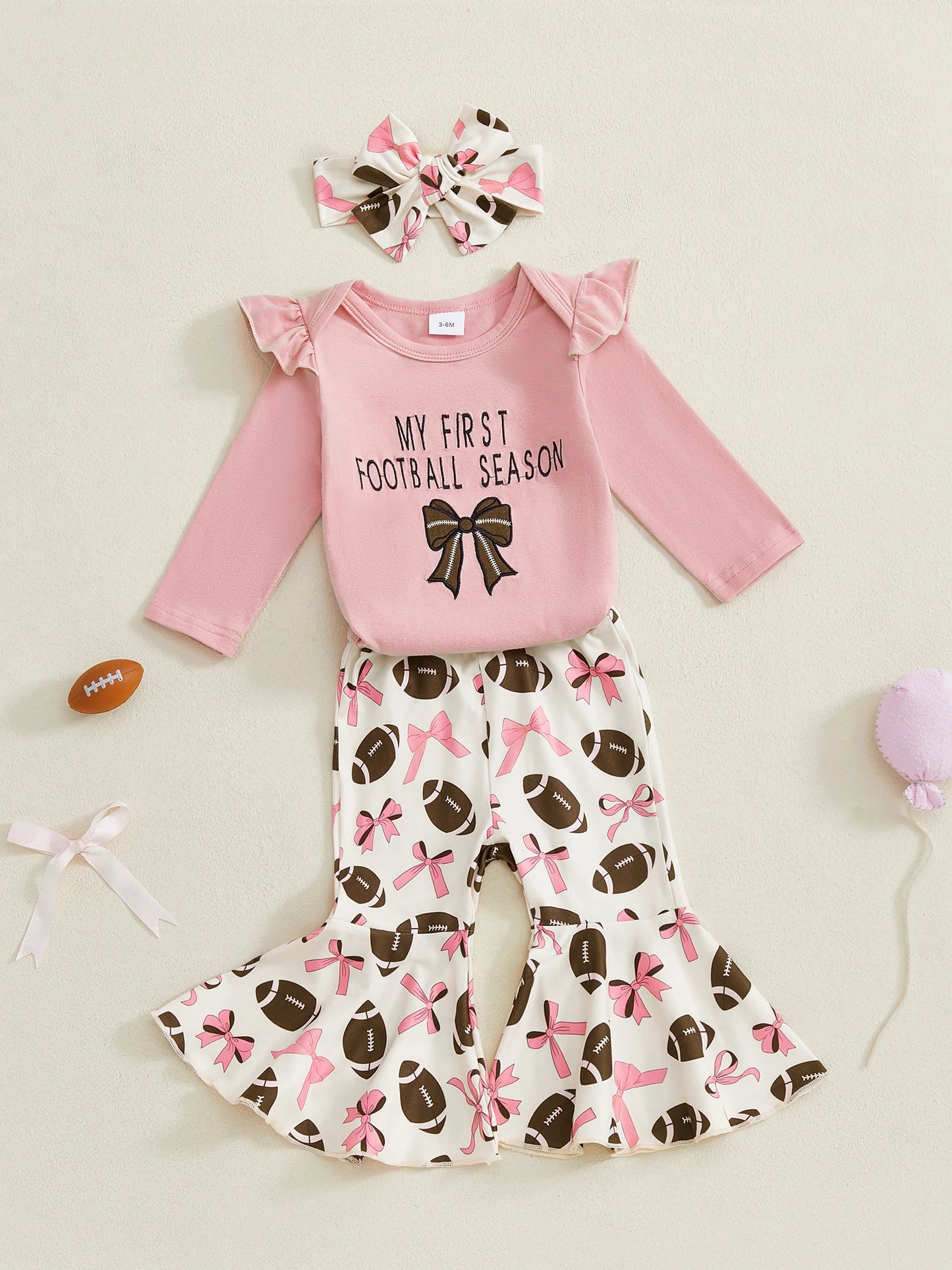 Baby Girls 3Pcs Game Day Fall Outfit Football Print Long Sleeves Romper and Elastic Flared Pants Headband Set Cute Clothes