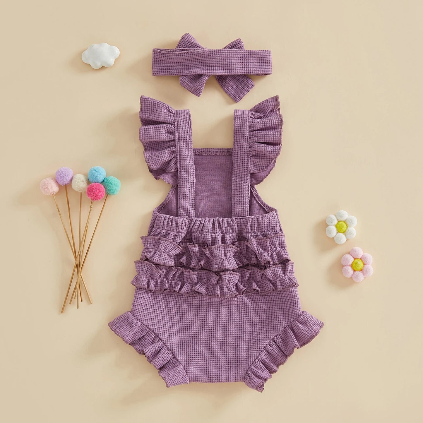 Baby Girl 2Pcs Spring Summer Outfits Ruffle Sleeveless Solid Color Romper with Headband Set