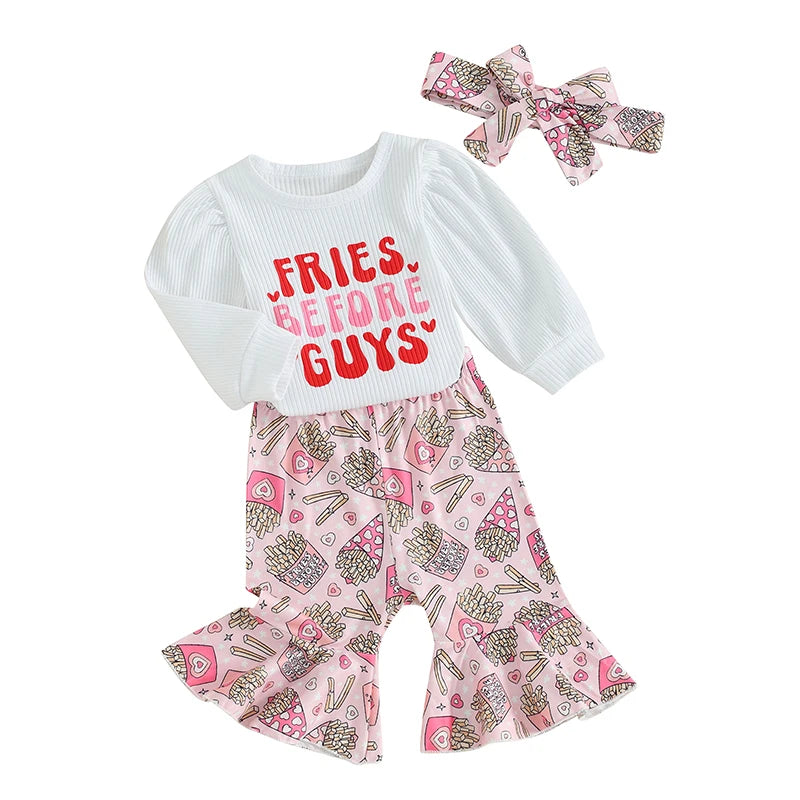 Baby Girls 3Pcs Fries Before Guys Valentine's Day Clothes Sets Letter Print Long Sleeve Romper Heart Flare Pants Headband 3Pcs Clothes Set