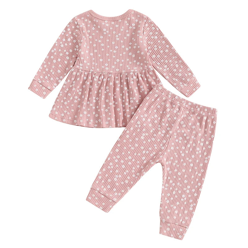 Toddler Kids Girls 2Pcs Fall Outfit Floral Flowers Print Crew Neck Long Sleeve Babygirl Top Elastic Waist Long Pants Set