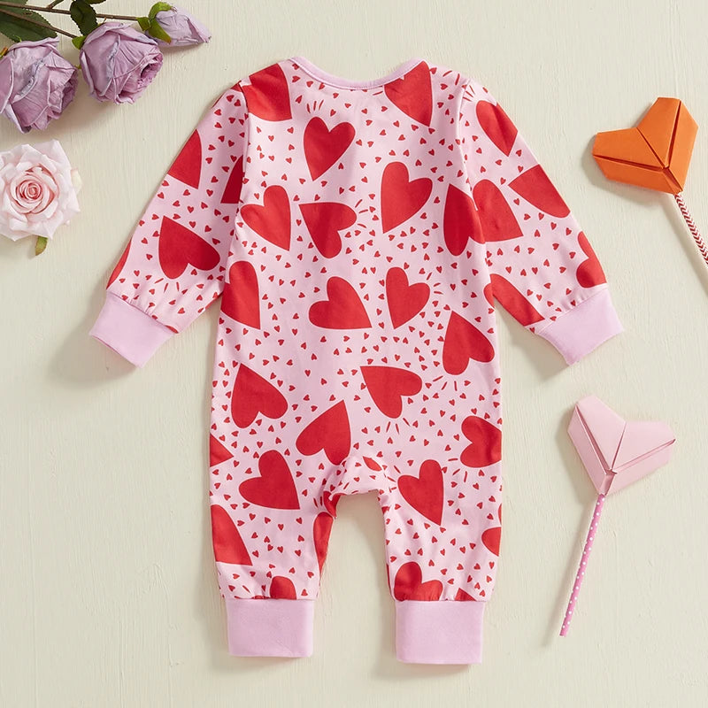 Baby Girl Valentine's Day Romper Heart Tractor Print Zipper Front Long Sleeve Full Length Valentines Jumpsuit