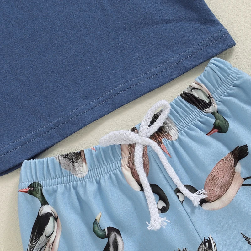 Baby Toddler Boys 2Pcs Summer Outfit Duck Print Short Sleeve Top Pocket Elastic Waist Shorts Set