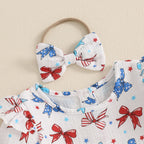 Baby Girl 2Pcs 4th of July Outfit Love Heart Star Pattern Ruffled Crew Neck Short Sleeve Romper & Bow Headband Set