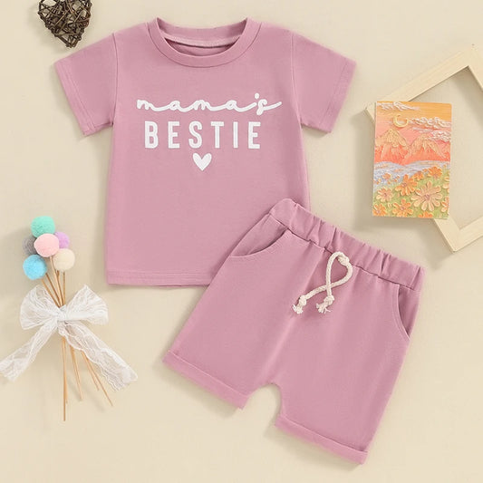 Baby Toddler Kids Girl 2Pcs Mama's Bestie Summer Clothes Set Outfit Heart Letter Print Short Sleeve T-Shirt Top Shorts