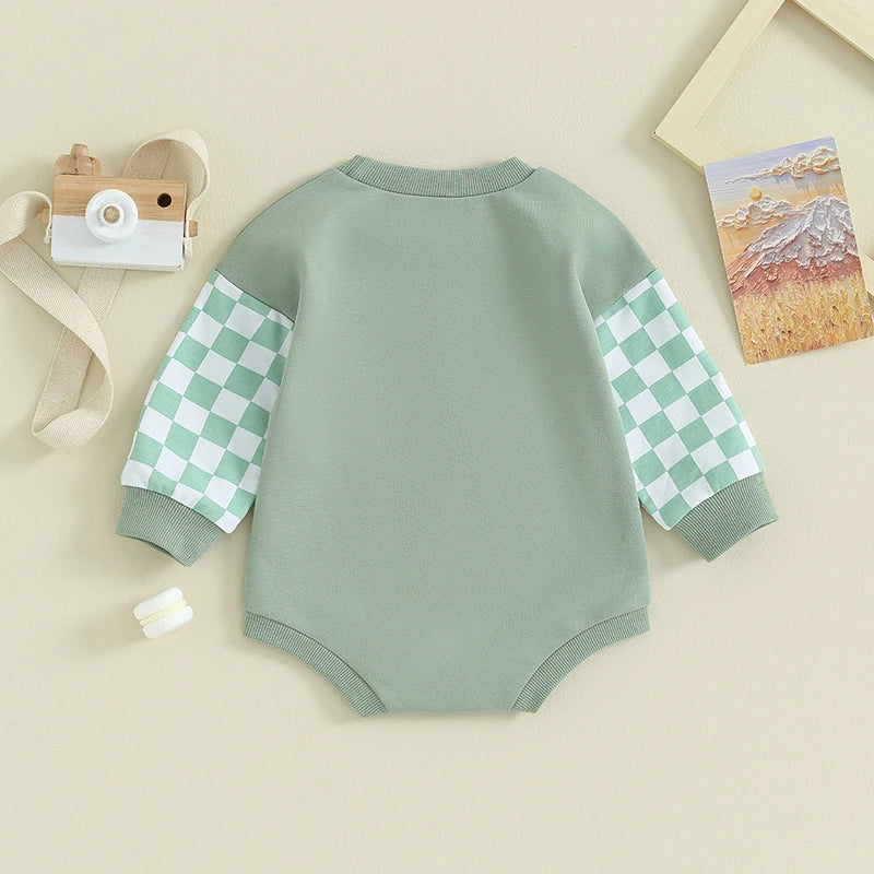 Baby Toddler Boy Girl Crewneck Plaid Checker Contrast Color Bubble Rompers Long Sleeve Jumpsuit