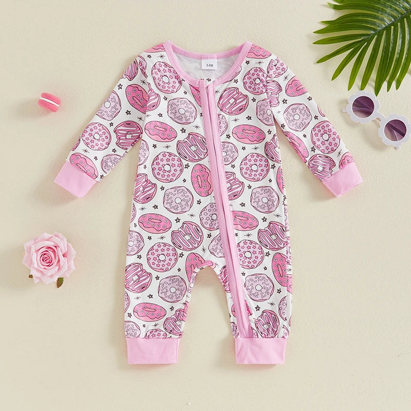 Baby Girls Jumpsuit Long Sleeve Crew Neck Donut Print Zipper Romper