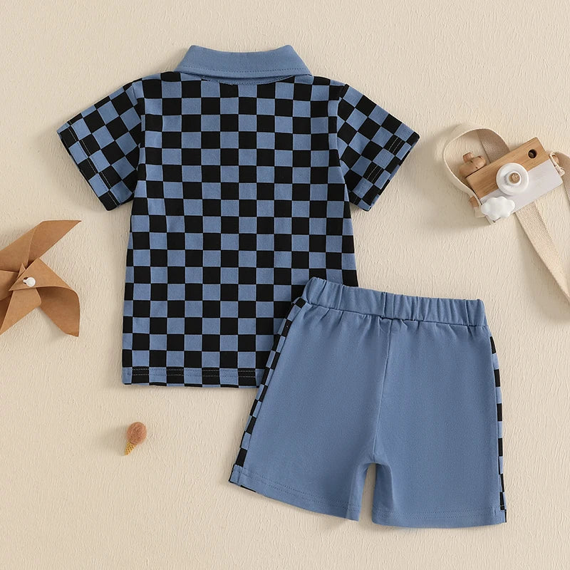 Baby Toddler Boys 2Pcs Set Short Sleeve Lapel Collar Checkered Print Top and Drawstring Shorts Outfit