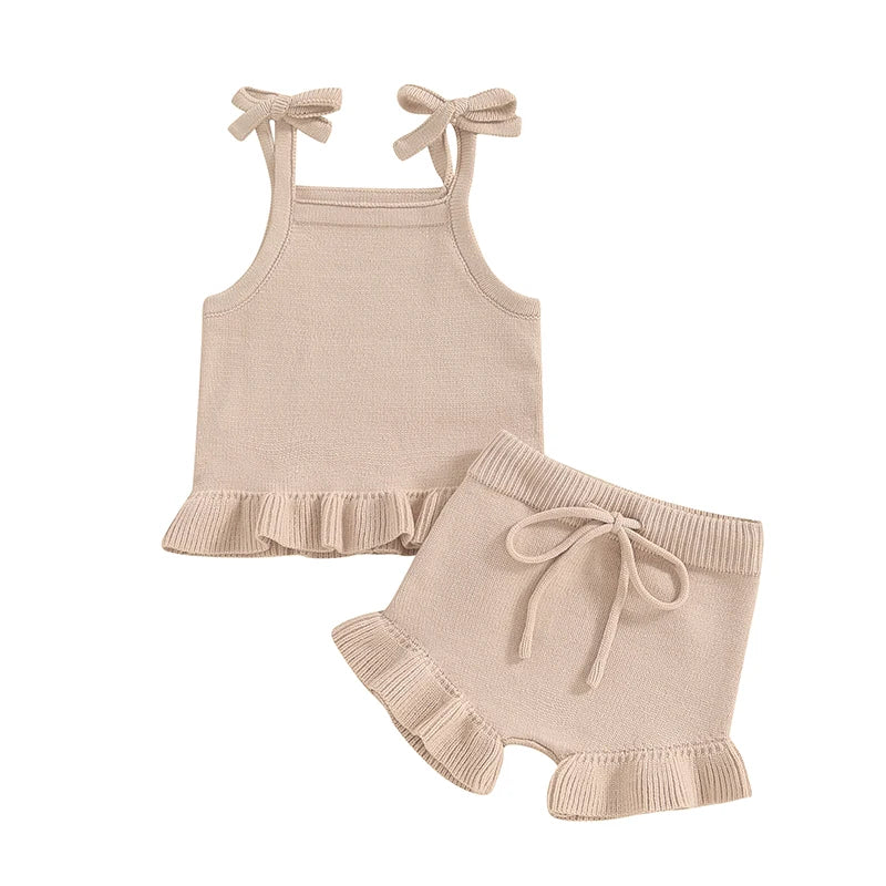 Baby Girl 2Pcs Outfits Knit Solid Color Sleeveless Cami Tank Top Tie with Elastic Waist Shorts Outfit Set