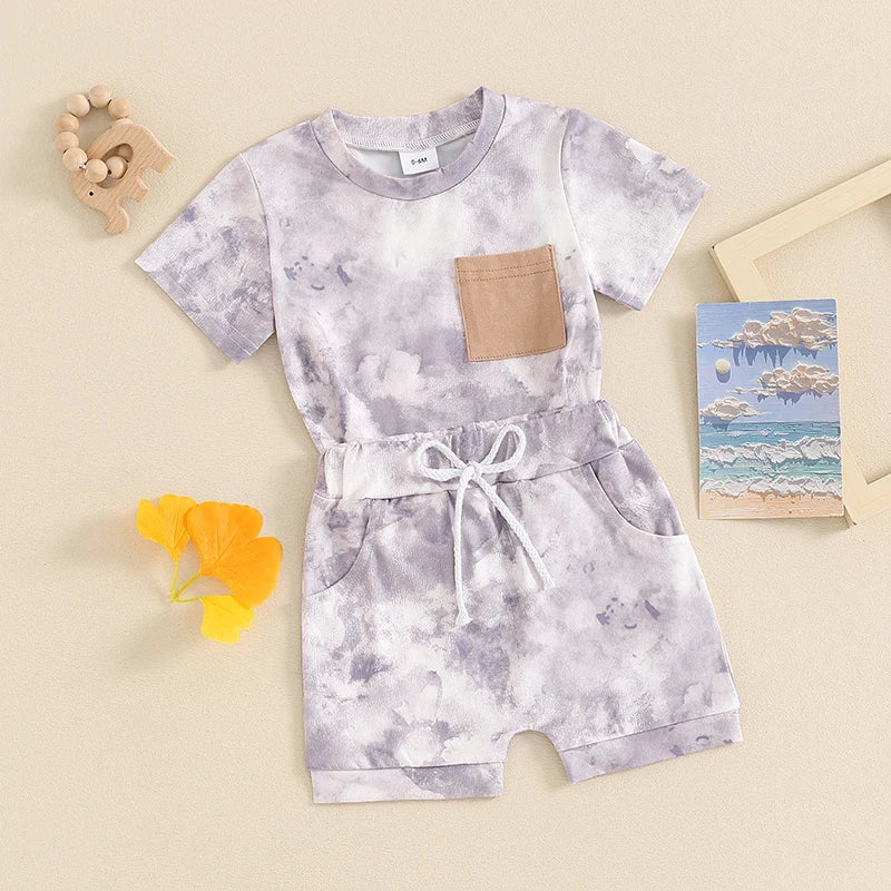 Toddler Baby Boys Girls 2Pcs Clothes Set Tie-dye Print Short Sleeve Top with Elastic Waist Shorts Summer Outfit