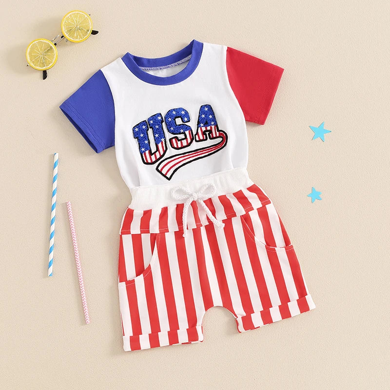 Baby Toddler Boys USA 4th of July Outfit Letter Embroidery Short Sleeve Top with Stripe Shorts for Independence Day Set