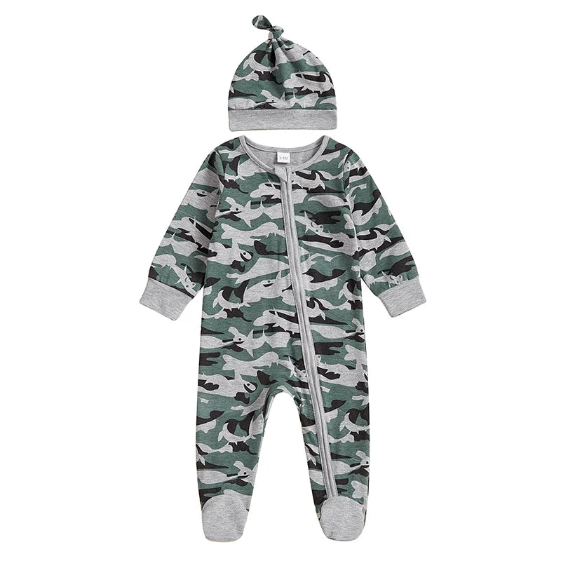 Baby Boys 2Pcs Footies Romper Camouflage Round Neck Long Sleeve Zipper Romper Infant Clothes Jumpsuit with Beanie Hat Set Outfit