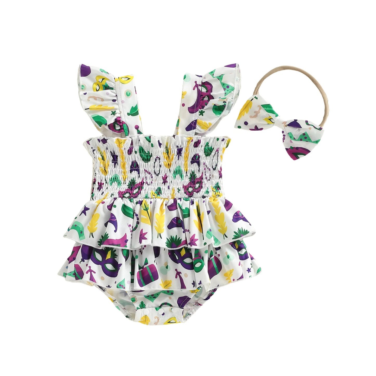 Baby Girl 2Pcs MardiGras Outfit Flying Sleeve Square Neck Mask Print Romper Dress with Bow Headband Set