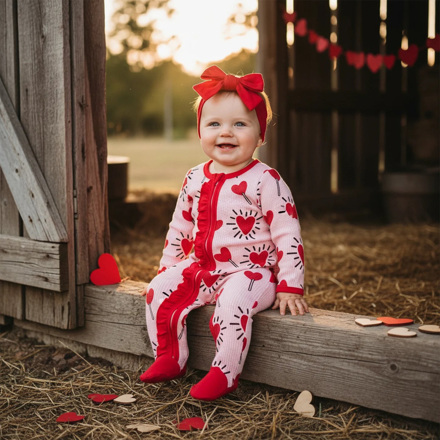 Baby Girl 2Pcs Valentines Day Zipper Romper Heart Candy Pattern Long Sleeve Zip Up Round Neck Footed Jumpsuit with Bow Headband Set