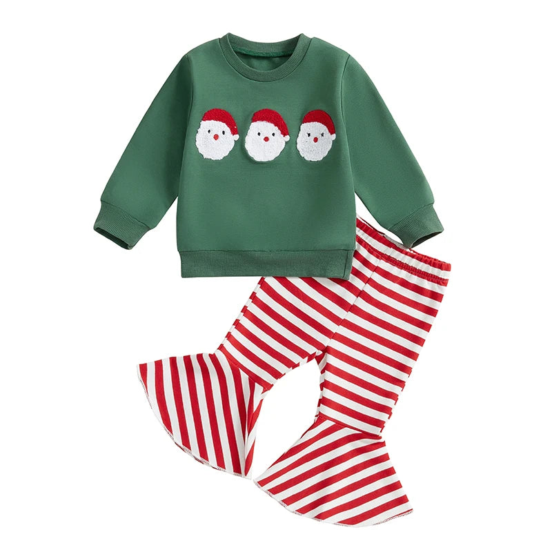 Baby Toddler Girls 2Pcs Christmas Outfit Santa Embroidery Long Sleeve Crewneck Top + Striped Flare Pants Set