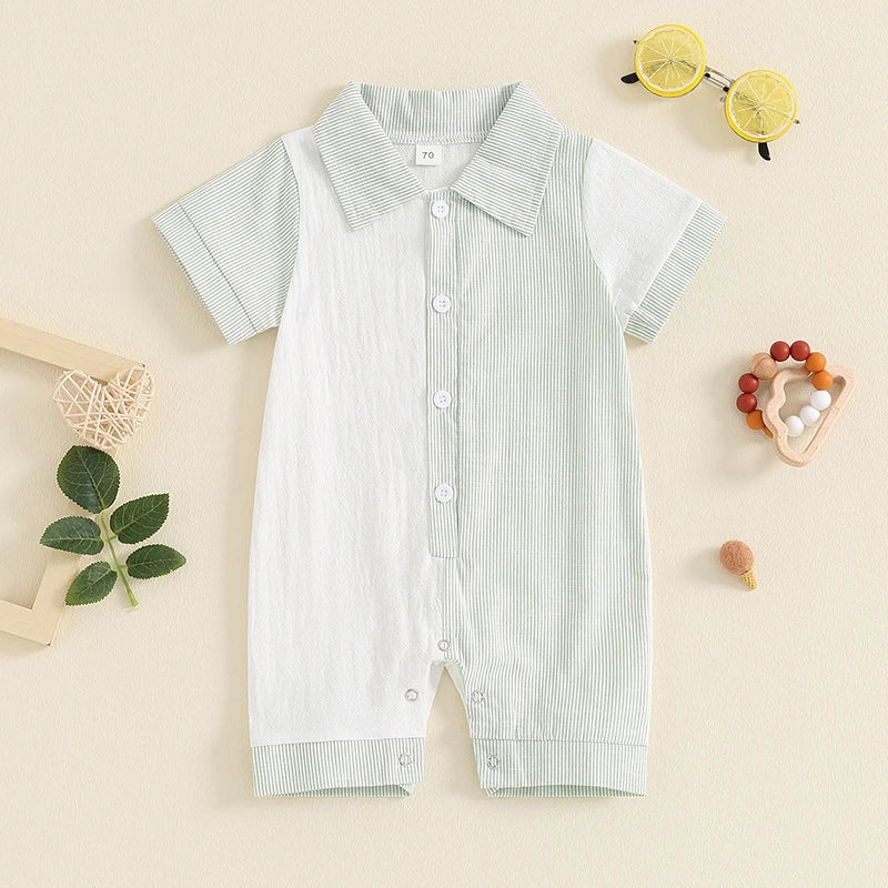 Baby Boy Jumpsuit Summer Short Sleeve Lapel Collar Stripes Contrast Color Print Romper Playsuit