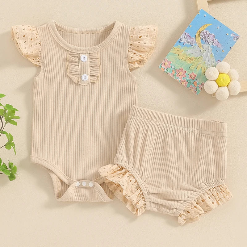 Baby Girl 2Pcs Spring Summer Outfits Round Neck Buttons Eyelet Fly Sleeve Frilly Romper Elastic Waist Shorts Clothes Set