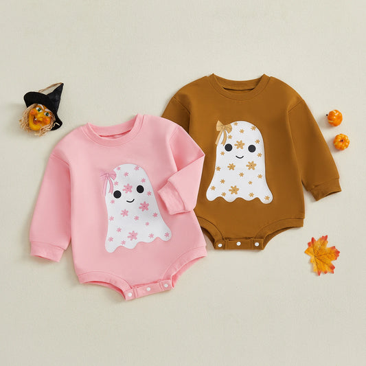 Newborn Baby Girls Halloween Sweatshirt Romper Casual Ghost Print Long Sleeve Jumpsuits Infant Fashion Clothes
