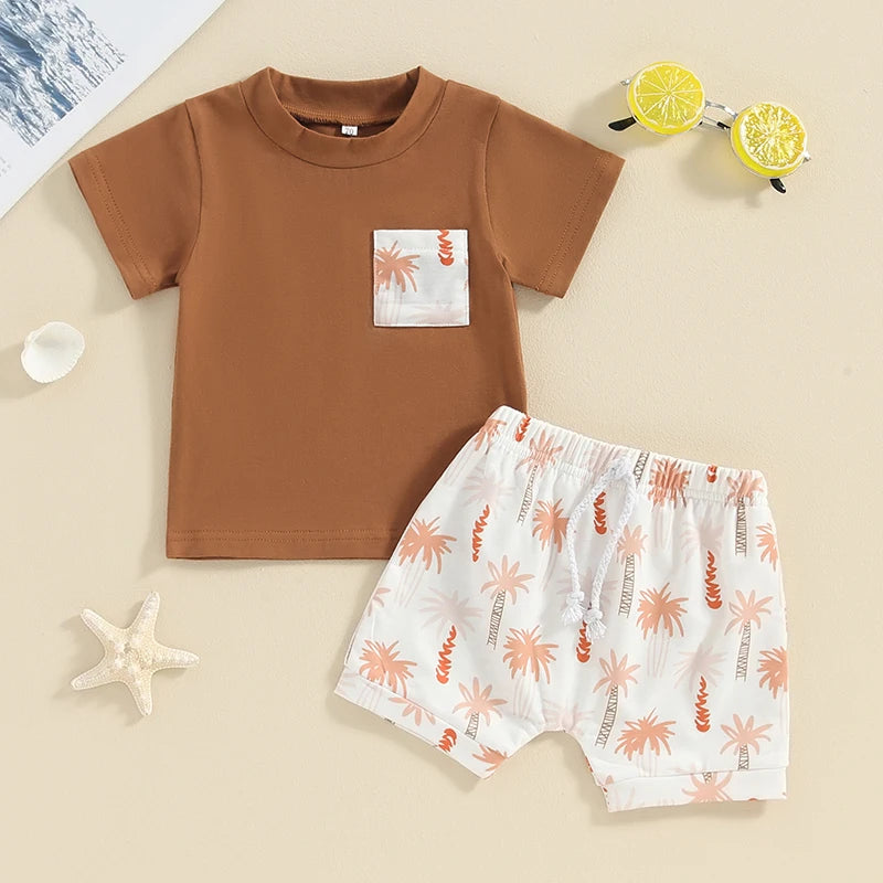 Baby Toddler Boys 2Pcs Summer Outfits Animal Elephant Giraffe Plam Tree Print Short Sleeve Top and Elastic Shorts Vacation Clothes Set