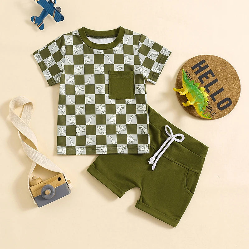 Baby Toddler Boys 2Pcs Summer Outfits Checker Print Short Sleeve Top Elastic Waist Shorts Clothes Set