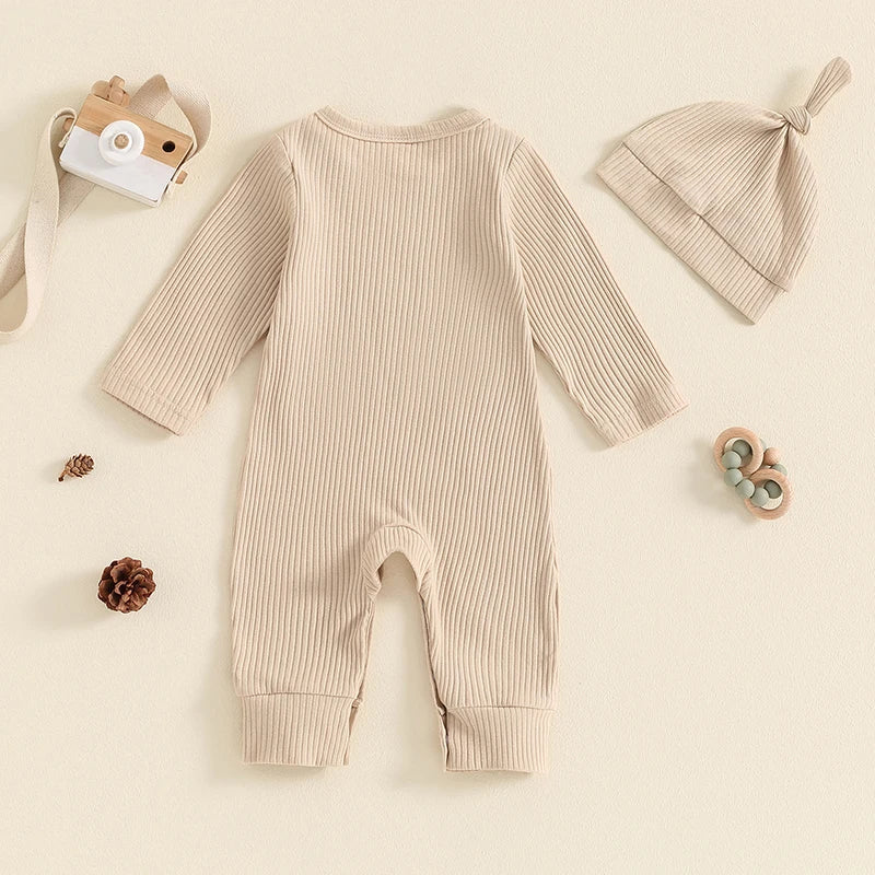 Baby Girl Boy 2Pcs New To The Crew Fall Romper Letter Ribbed Long Sleeve Full Length Jumpsuit Hat Clothes Outfit Set