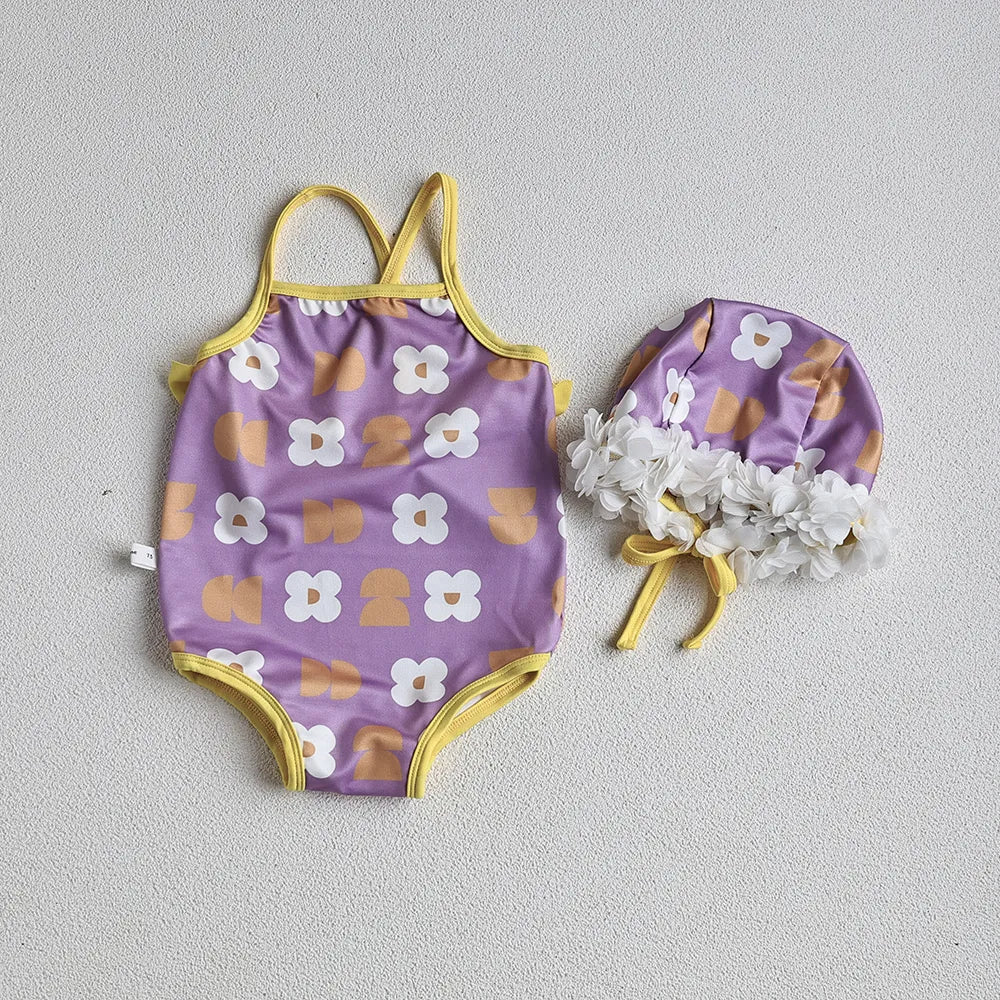 Baby Girls Floral Bandage Swimsuit With Hat Set