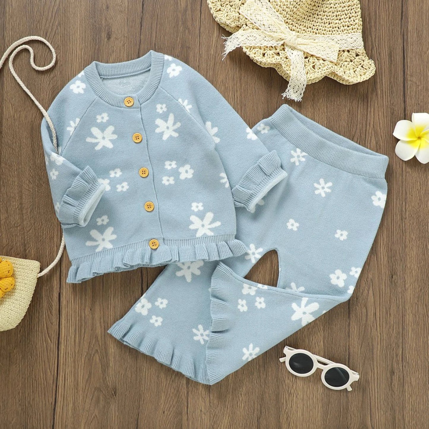 Baby Toddler Girl 2Pcs Fall Outfits Long Sleeve Floral Print Knit Cardigan Tops Flare Pants Set Toddler Clothes