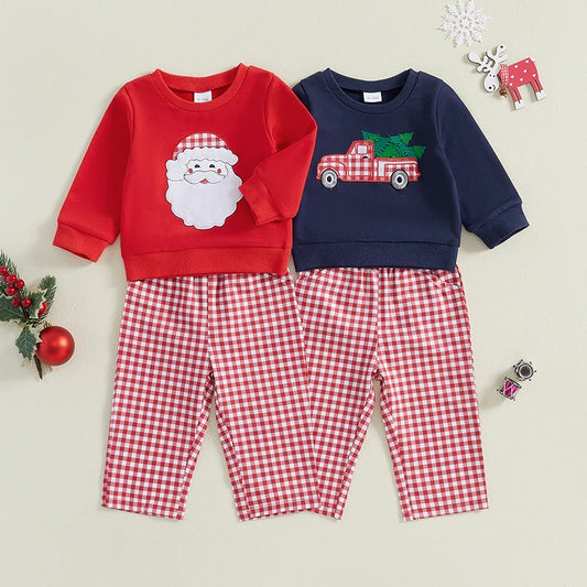 Baby Toddler Boys 2Pcs Christmas Outfit Santa/Truck Embroidery Long Sleeve Top and Plaid Long Pants Set