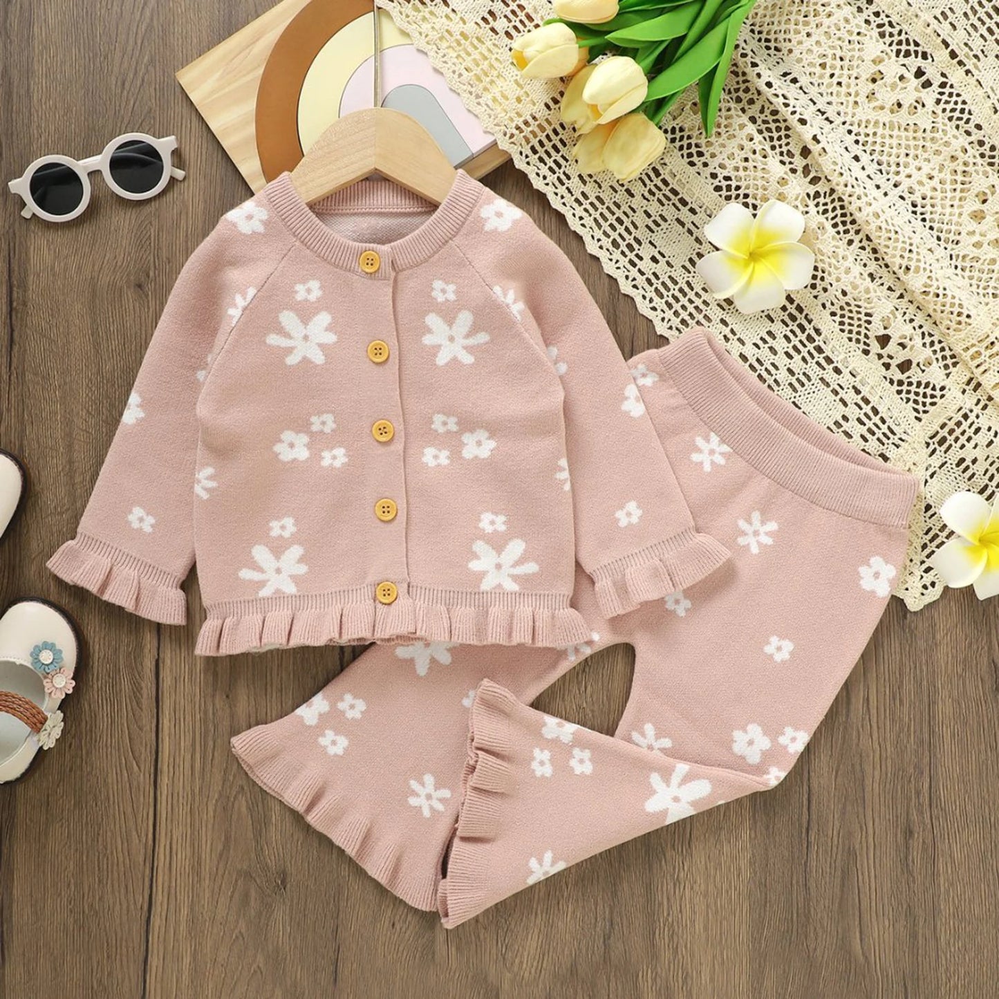 Baby Toddler Girl 2Pcs Fall Outfits Long Sleeve Floral Print Knit Cardigan Tops Flare Pants Set Toddler Clothes