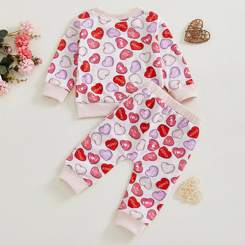 Baby Toddler Boys Girls 2Pcs Valentine's Day Outfit Heart Letter XOXO Love Long Sleeve Crewneck Top and Elastic Pants Valentines Jogger Set