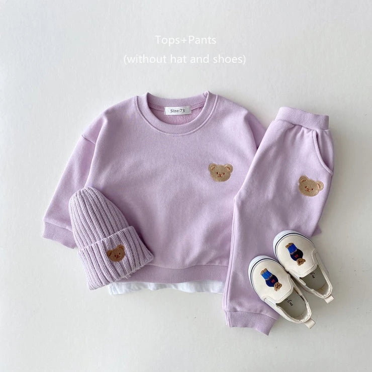 Baby Toddler Girls Boys 2Pcs Jogger Set Long Sleeve Bear Embroidery Top with Pants Outfit