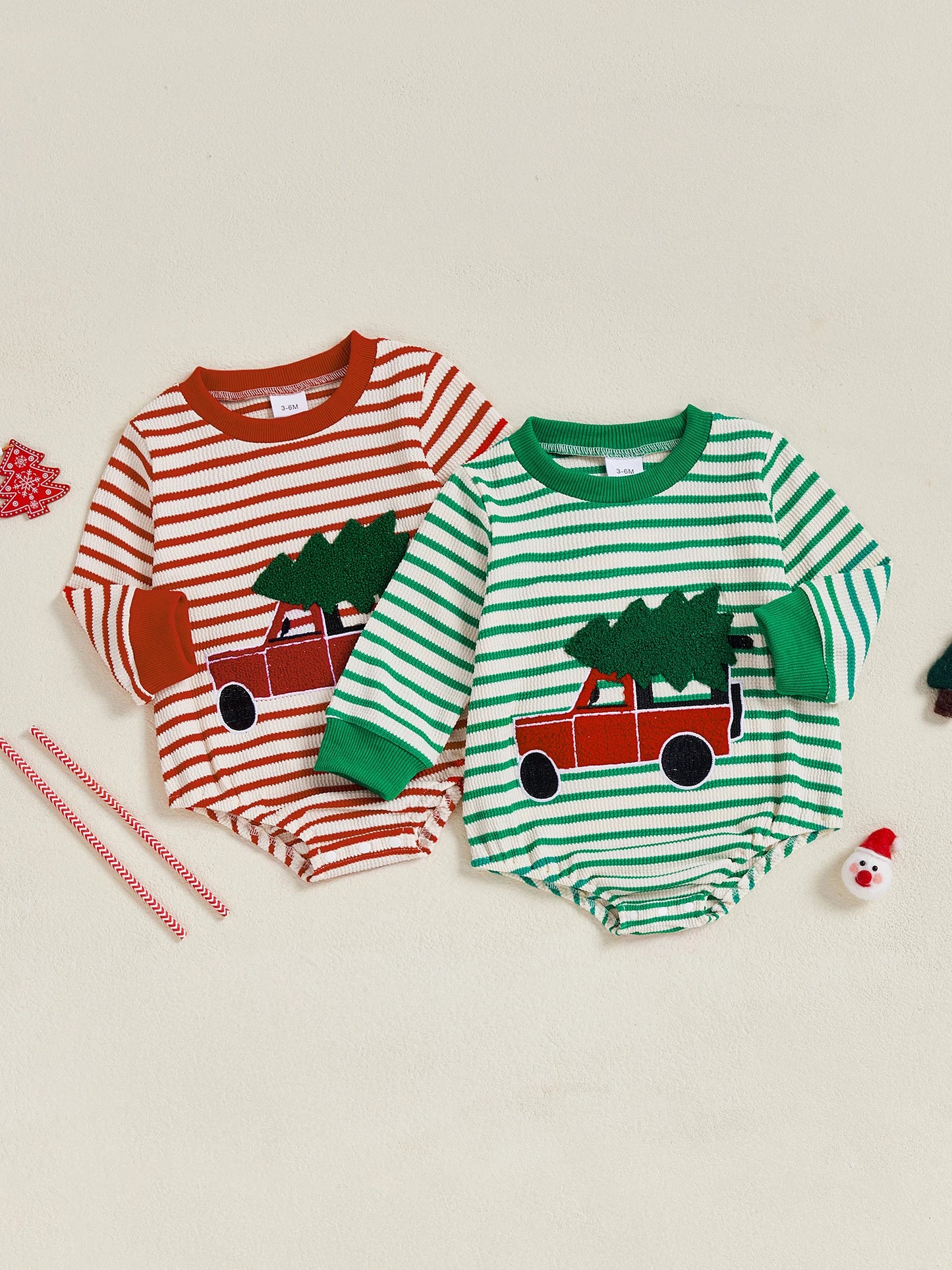 Baby Boy Girl Christmas Striped Jumpsuit Long Sleeve Round Neck Tree Truck Embroidery Romper
